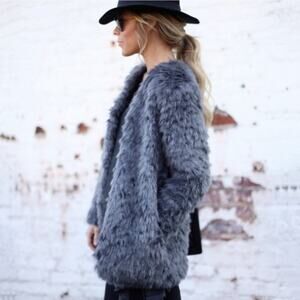 WAYF Faux Fur Dark Gray Coat Jacket Teddy Womens Small Open Front Plush Grey